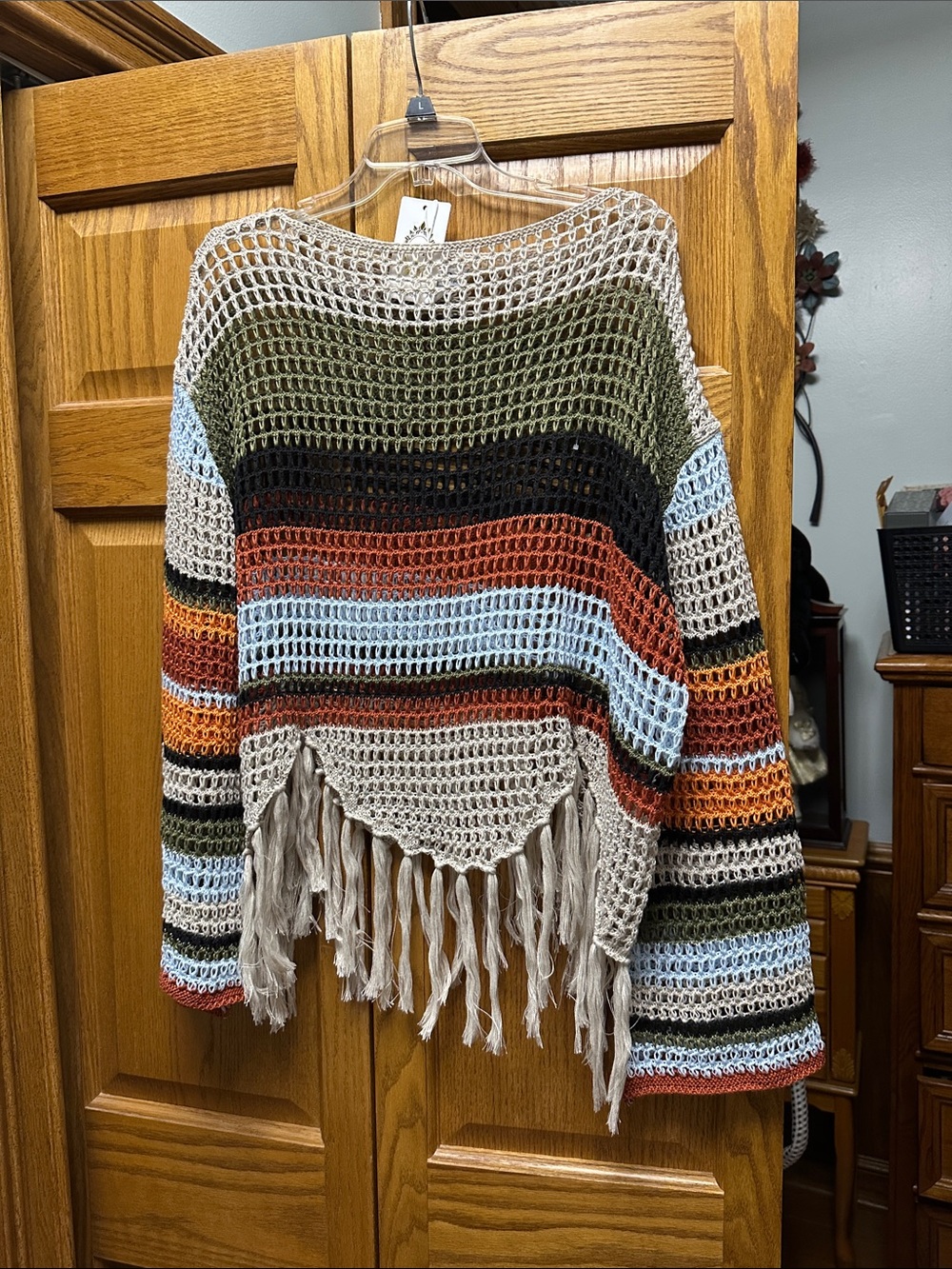 Fringed Open-Knit Multi-Stripe Poncho Sweater - Beige Multi